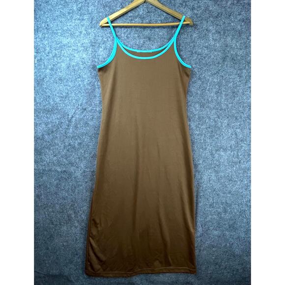 Vintage Tank Dress Womens M/L Brown Blue Spaghetti Strap Contrast Trim Pullover - Picture 1 of 6